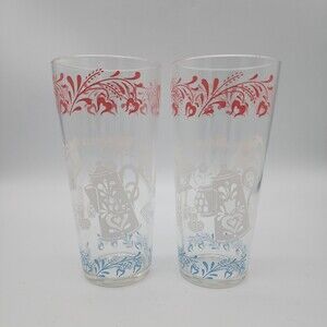 Hazel Atlas Kitchen Aids Iced Tea Tumblers 16oz Drinking Glasses Pink White Blue